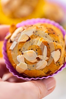 Lemon poppy seed muffins garnished with almond slivers