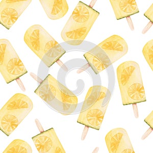 Lemon popsicles ice cream digital paper. Hand painted watercolor clipart on white background.