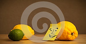 Lemon with post-it note smiling at citrus fruits