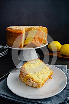 Lemon Pound Cake Slice on a Dessert Plate with a Fork