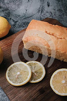 Lemon pound cake with slices of lemon sugar icing.