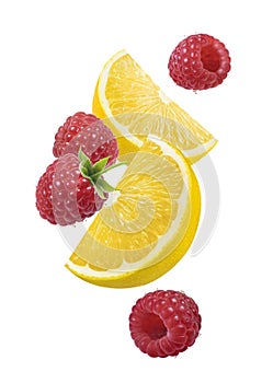 Lemon raspberry falling vertical composition