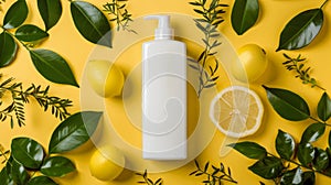 Lemon Scented Cosmetic Product Mockup Surrounded by Fresh Citrus and Leaves