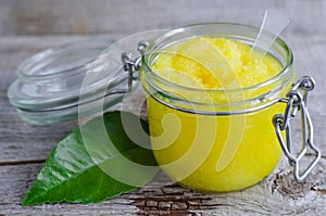 Lemon scrub with sugar, honey and olive oil