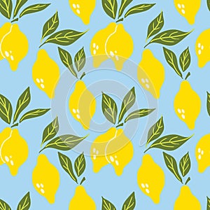 Lemon seamless pattern. Exotic tropical yellow citrus fruit, juicy lemons with green leaves. Vector cartoon minimalistic isolated