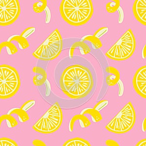 Lemon seamless pattern. Exotic tropical yellow citrus fruit, juicy slice and peel. Cartoon minimalistic isolated vector texture,