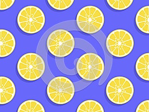 Lemon seamless pattern illustration. Summer vibes. Yellow lemons on the blue background. Fruit repeated background.