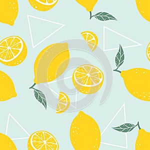 Lemon seamless pattern with triangles on light blue background. Vector illustration