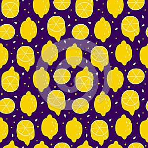 Lemon seamless pattern. Yellow blight fruits on dark background. Colorful summer print for kitchen textile.