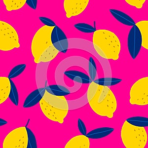 Lemon seamless pattern. Yellow blight fruits on magenta pink background. Colorful summer print for kitchen textile.