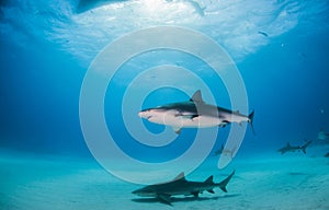 Lemon shark and Caribbean reef sharks at the Bahamas