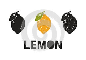 Lemon, silhouette icons set with lettering. Imitation of stamp, print with scuffs. Simple black shape and color vector