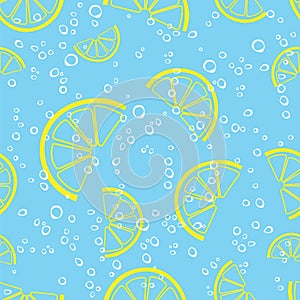 Lemon slice and bubbles sparkling drink water seamless vector pattern