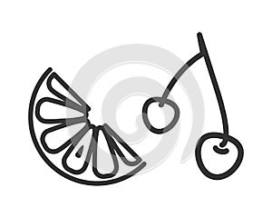 Lemon slice, cherry icon set. Black grey outline. White background. Vector