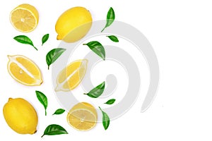 Lemon and slice decorated with green leaves isolated on white background. Flat lay, top view