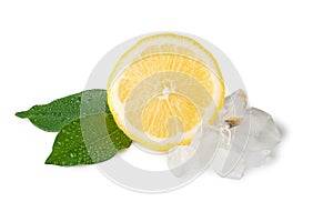 Lemon slice with ice and two leaves
