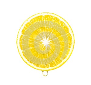 Lemon slice  juice dripping on a white background