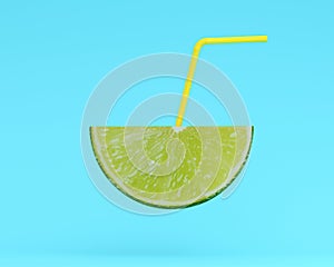 Lemon slice, juice with Straw on blue color pastel background. m