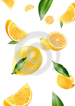 Lemon with slice and leaves on air photo