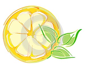 Lemon slice with leaves. artistic illustration