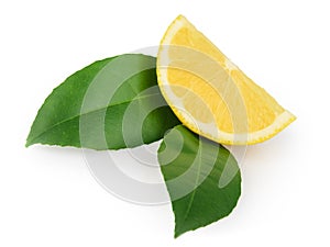 Lemon slice with leaves isolated on white background