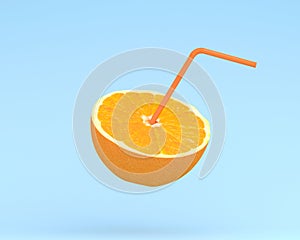 Lemon slice, Orange juice with Straw on pastel blue background.