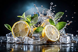 Fresh Lemon Splash. A vibrant image of a lemon slice splashing into water, surrounded by ice cubes and mint leaves, against a dark photo