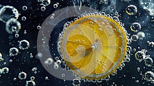 Lemon slice submerged in sparkling water