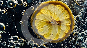 Lemon slice submerged in sparkling water