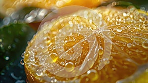 Lemon Slice with Water Droplets in Close-Up Macro View.