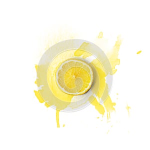 Lemon slice on white background with watercolor splashes; Copy s