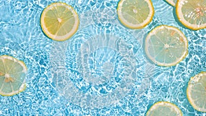 Lemon slices in clean transparent water, blue bg