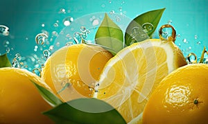 Lemon slices floating in clear water with soft light reflections and bubbles. Created by AI