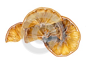 Lemon slices gone mouldy with mold. Beautiful natural decomposition. Isolated on a white background