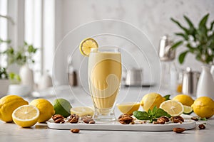 Lemon smoothie with almond. Summer refreshing lemon beverage, drink, juice, shake or cocktail, generative AI