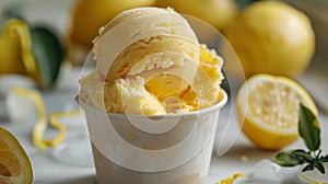 Lemon sorbet served in a cup with fresh lemons in the background.