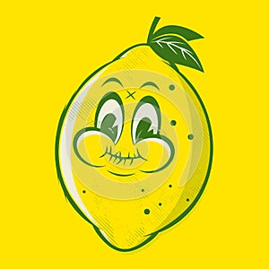 Funny retro cartoon illustration of a sour lemon