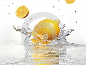 Lemon splashing into clear water.