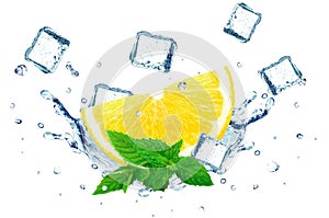 Lemon splashing water and ice