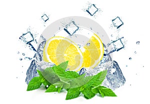 Lemon splashing water and ice