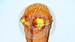 Lemon sprinkled ice-cream in waffle cone rotating on white background and liquid caramel topping pouring on it