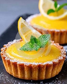 Lemon tart. Closeup shot. Ai Generative