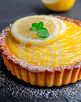 Lemon tart. Closeup shot. Ai Generative
