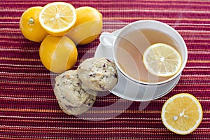 Lemon tea and cranberry cookies on red stripes platemat