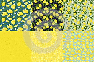 Lemon texture pattern. Lemons with blossom flowers, fresh yellow fruits and summer lemonade seamless texture vector set