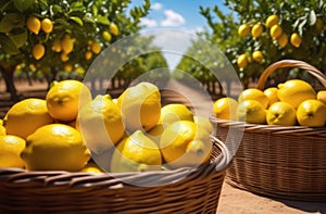 lemon tree branches, lemon garden to the horizon, long lemon plantations, Organic Farming, sunny