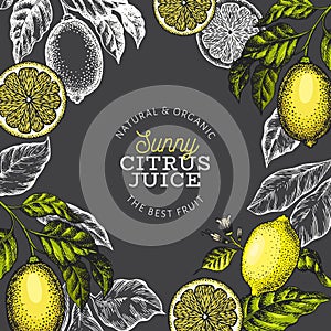 Lemon tree frame template. Hand drawn vector fruit illustration on dark background. Engraved style banner. Vintage citrus design