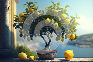 Lemon tree with ripe fruits in a pot and Mediteraneean Sea on background, illustration AI