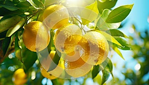 Lemon tree with yellow lemons. Closeup citrus fruits in green garden background. Organic food with vitamins and healthy tropical