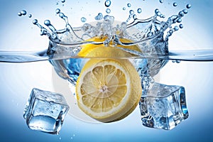 Lemon in water. Rising blue bubbles after a lemon and ice cubes are dropped in clear water